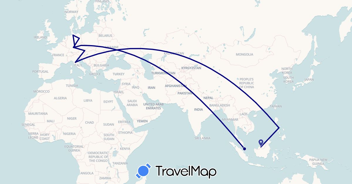 TravelMap itinerary: driving in Austria, China, Czech Republic, Germany, Italy, Malaysia, Philippines, Singapore (Asia, Europe)